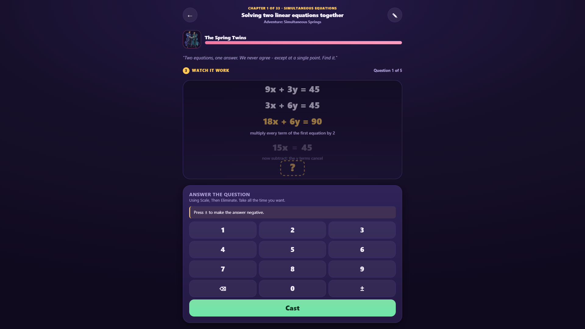 AddVenture Senior lesson screen eliminating y from two simultaneous equations
